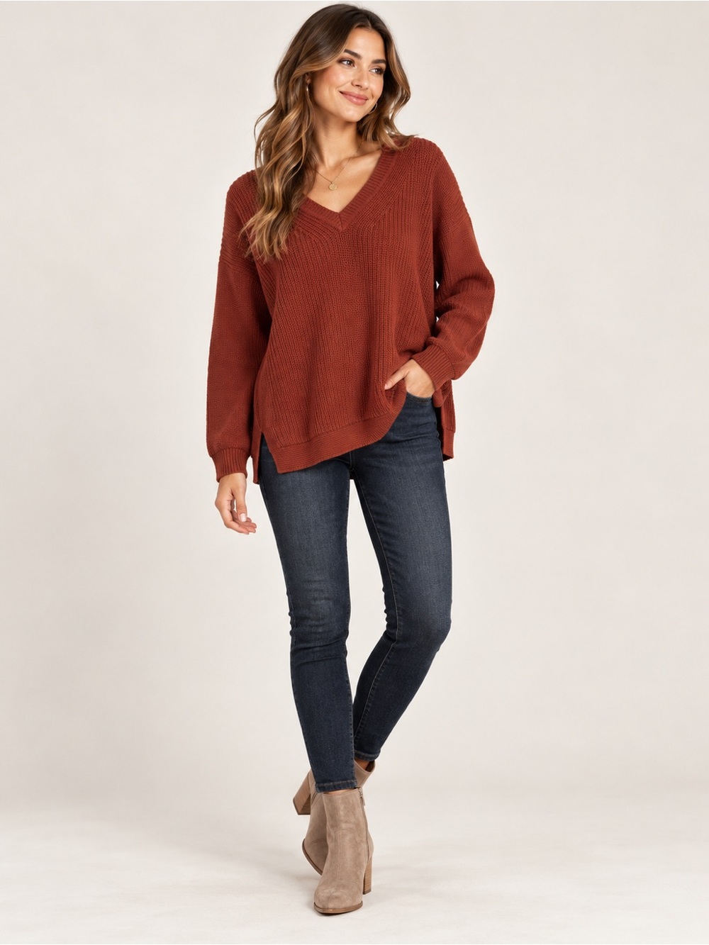 RD Style Rust V Neck Knit Sweater XL Oversized Cozy Fall Pullover